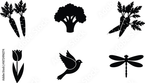 Vegetable and nature silhouettes, carrots, broccoli, tulip flower, flying bird, dragonfly icon, garden elements, natural shapes, botanical and wildlife symbols