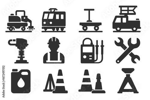 Railway Maintenance Icons. Solid style icons of railway maintenance: rail grinder, track inspection car, maintenance trolley,