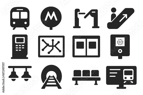 Metro System Icons. Solid style icons of metro systems: underground train, metro entrance sign, turnstile gate, escalator, ticket