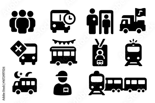 Event Transit Icons. Solid style icons of public transport during events: crowd icon, extended timetable, security check, festival