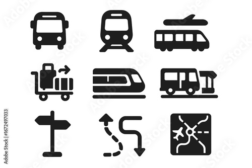 Airport Transport Icons. Solid style icons of airport public transport: airport shuttle, terminal train, gate bus, luggage cart