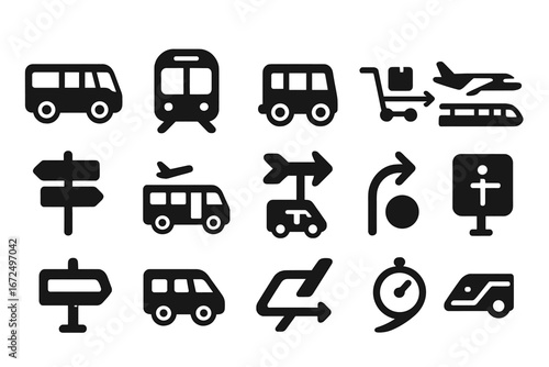 Airport Transport Icons. Solid style icons of airport public transport: airport shuttle, terminal train, gate bus, luggage cart