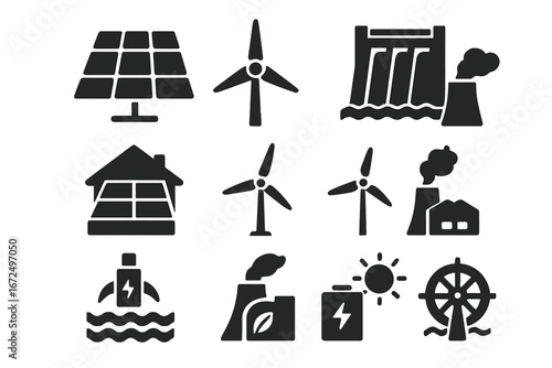 Renewable Energy Icons. Solid style icons of renewable energy: solar panel, wind turbine, hydroelectric dam, geothermal station,