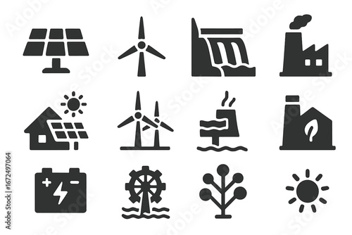 Renewable Energy Icons. Solid style icons of renewable energy: solar panel, wind turbine, hydroelectric dam, geothermal station,