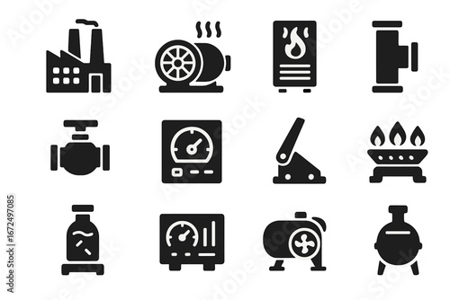 Industrial Energy Icons. Solid style icons of industrial energy: factory plant, steam turbine, industrial heater, process pipe,