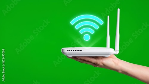 Hand Holding White Wireless Router with WiFi Signal Icon on Green Background