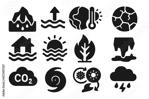 Climate Change Icons. Solid style icons of climate change: melting ice, rising sea level, global warming thermometer, dry cracked