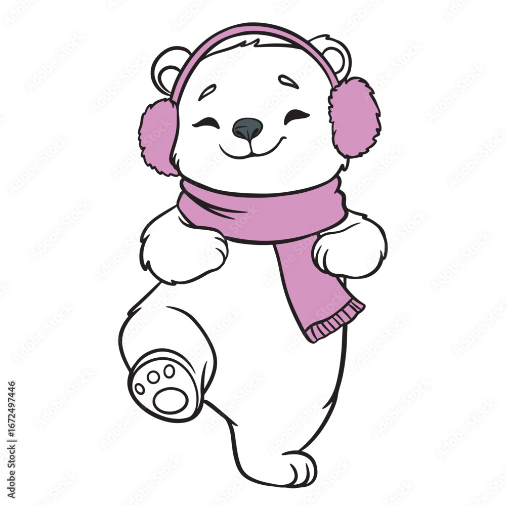 Obraz premium Dancing polar bear cub in pink scarf and earmuffs moving joyfully. Cute winter animal illustration for holiday cards, children’s books, prints, and festive designs.