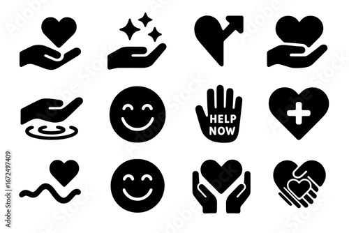 Donation Icon Suite. Solid style icons of donation encouragement: give more icon, sparkle hand, share love symbol, heart growth