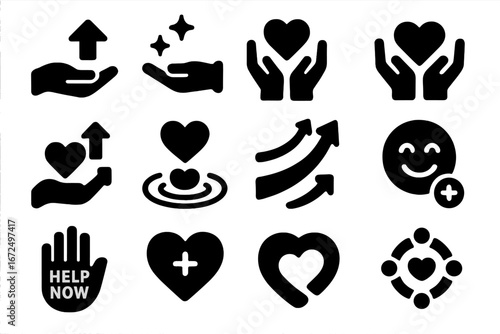 Donation Icon Suite. Solid style icons of donation encouragement: give more icon, sparkle hand, share love symbol, heart growth