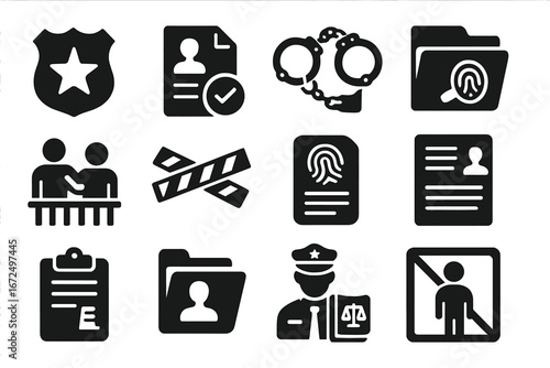 Law Enforcement Icons. Solid style icons of law enforcement: police badge, arrest warrant file, handcuffs with paper, evidence