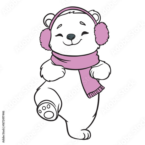 Dancing polar bear cub in pink scarf and earmuffs moving joyfully. Cute winter animal illustration for holiday cards, children’s books, prints, and festive designs.