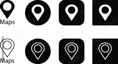 Map location pin icon set, black GPS marker collection, navigation point group, flat and line style symbols, geolocation pointer bundle with destination, position, place, and spot synonyms