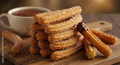Spanish churros dusted with sugar, served with hot chocolate dip.