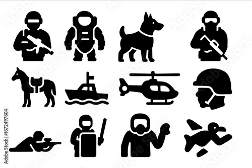 Special Police Icons. Solid style icons of special police units: SWAT member, bomb squad suit, K9 dog icon, hostage rescue unit,