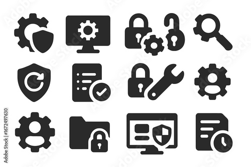 Security Tools Icons. Solid style icons of security settings and tools: gear with shield, security configuration screen, locked