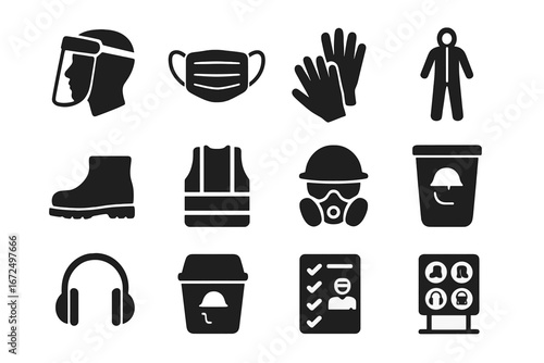 PPE Icon Collection. Solid style icons of personal protective equipment (PPE): face shield, surgical mask, nitrile gloves,