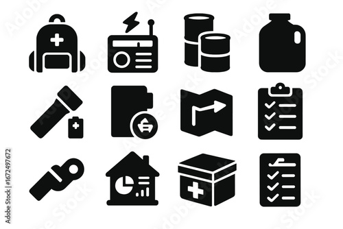 Disaster Preparedness Icons. Solid style icons of disaster preparedness: emergency kit bag, radio with lightning icon, canned food