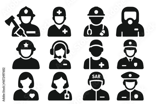 Emergency Worker Icons. Solid style icons of emergency workers: firefighter with axe, paramedic icon, rescue team figure, hazmat