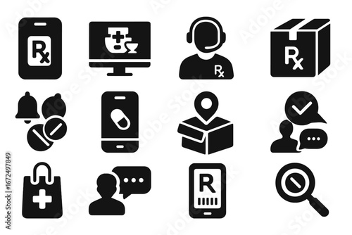Digital Pharmacy Icons. Solid style icons of digital pharmacy services: mobile prescription app, online pharmacy icon, virtual
