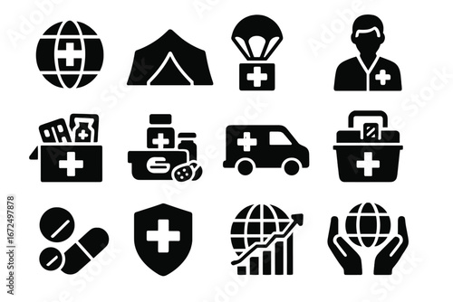 Global Pharmacy Services Icons. Solid style icons of global and humanitarian pharmacy services: cross on globe icon, field
