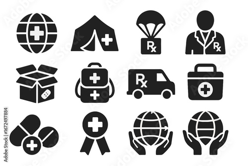 Global Pharmacy Services Icons. Solid style icons of global and humanitarian pharmacy services: cross on globe icon, field