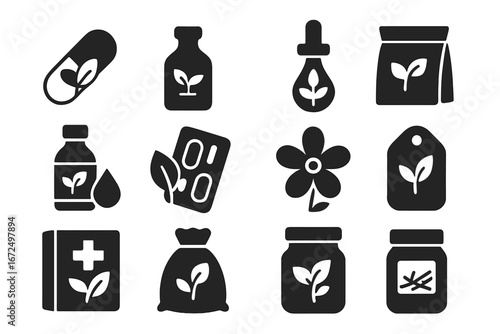 Herbal Remedy Icons. Solid style icons of herbal and natural drugs: leaf capsule icon, plant-based bottle, herbal extract dropper,