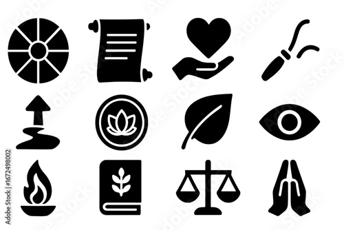 Yoga Ethics Icons. Solid style icons of yoga ethics and philosophy: eight limbs chart, yoga sutra scroll, ahimsa symbol,