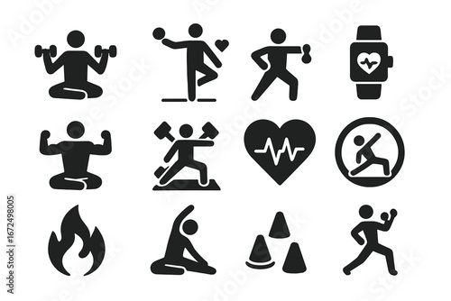 Yoga Fitness Icons. Solid style icons of yoga and fitness fusion: yoga with dumbbells, cardio yoga icon, HIIT yoga graphic,