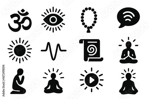 Spiritual Meditation Symbols. Solid style icons of spiritual and mantra meditation: om symbol icon, third eye chakra glow, prayer