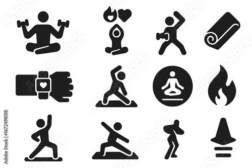 Yoga Fitness Icons. Solid style icons of yoga and fitness fusion: yoga with dumbbells, cardio yoga icon, HIIT yoga graphic,