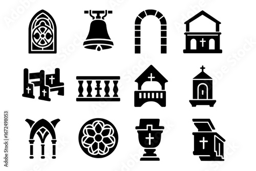 Christian Architecture Icons. Solid style icons of Christian architecture details: stained glass window, church bell, stone arch,