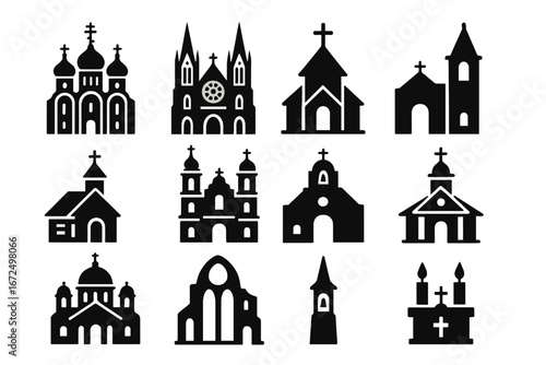 Church Icon Collection. Solid style icons of Christian churches and cathedrals: Orthodox cathedral, Gothic cathedral, countryside