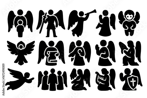 Heavenly Angel Icons. Solid style icons of angels and heavenly beings: guardian angel, archangel with sword, angel with trumpet,