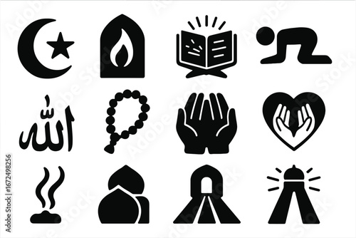 Islamic Spiritual Icons. Solid style icons of mosque spiritual symbols: crescent and star, mihrab flame, glowing Quran, steps of