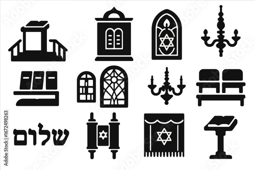 Synagogue Interior Icons. Solid style icons of synagogue interior elements: bimah platform, Torah ark (aron kodesh), eternal light