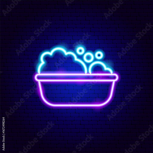 Bathtube with Bubbles Neon Sign. Vector Illustration of Bright Plumbing Object in Glowing Style. Led Lamp Bath Foam Icon over Dark Blue Brick Background.