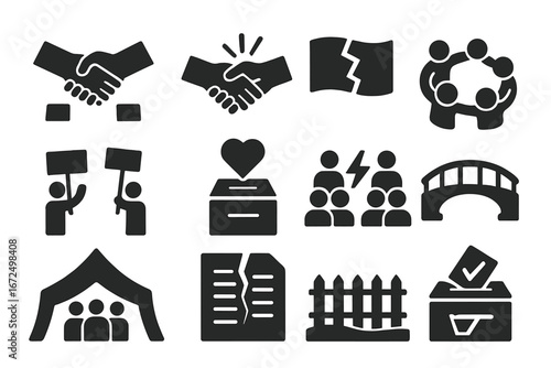 Unity and Division Icons. Solid style icons of political unity and division: linked hands across aisle, handshake in conflict,