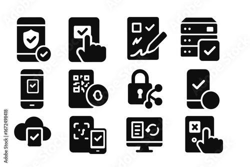 Digital Voting Icons. Solid style icons of digital voting and technology: secure vote app, online ballot icon, digital signature