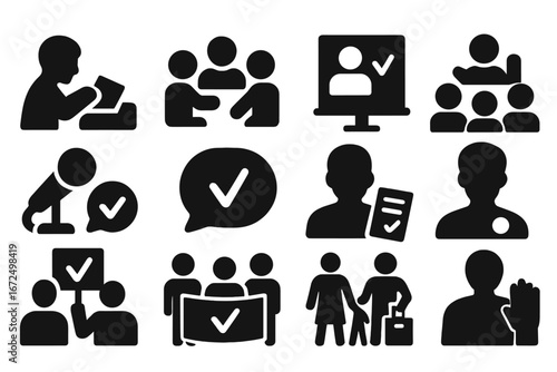 Political Participation Icons. Solid style icons of political participation through voting: voter turning in paper, engaged