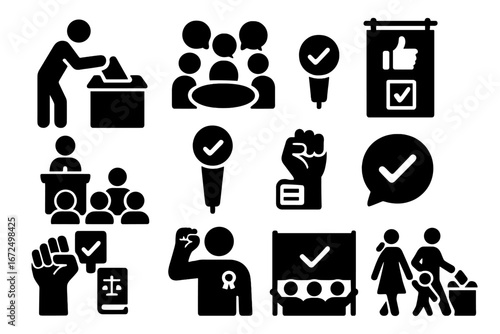 Political Participation Icons. Solid style icons of political participation through voting: voter turning in paper, engaged