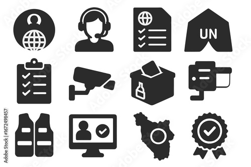 Global Election Monitoring Icons. Solid style icons of global election observers and monitoring: international badge, observer