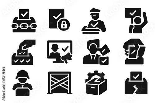 Election Icons Collection. Solid style icons of controversial or flawed elections: election with chain, blocked result icon,