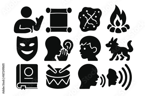 Oral Tradition Symbols. Solid style icons of traditional storytelling and oral history: storyteller with gesture, open scroll,