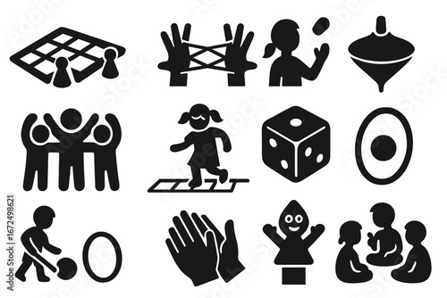 Traditional Games Icons. Solid style icons of traditional games and pastimes: board game with tokens, string game, hand toss