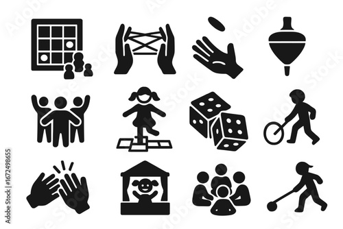 Traditional Games Icons. Solid style icons of traditional games and pastimes: board game with tokens, string game, hand toss