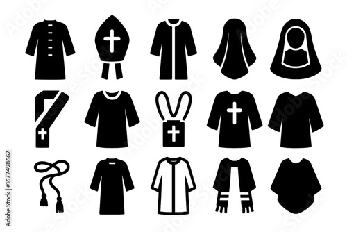 Christian Garment Icons. Solid style icons of Christian garments: priest robe, bishop mitre, cassock, nun veil, deacon stole,