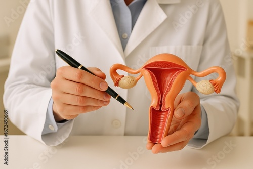 Doctor explaining female reproductive system anatomy using uterus model and pen, highlighting ovaries, fallopian tubes, medical consultation, gynecology, fertility, and women’s health