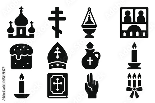 Orthodox Christian Symbols Icons. Solid style icons of Orthodox Christianity: onion dome church, Orthodox cross, censer,