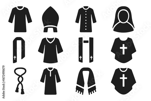 Christian Garment Icons. Solid style icons of Christian garments: priest robe, bishop mitre, cassock, nun veil, deacon stole,
